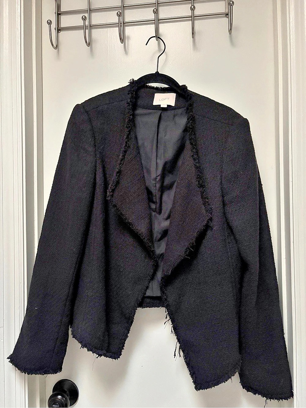LOFT Black Tweed Open Front Fringe Blazer Jacket Size 12